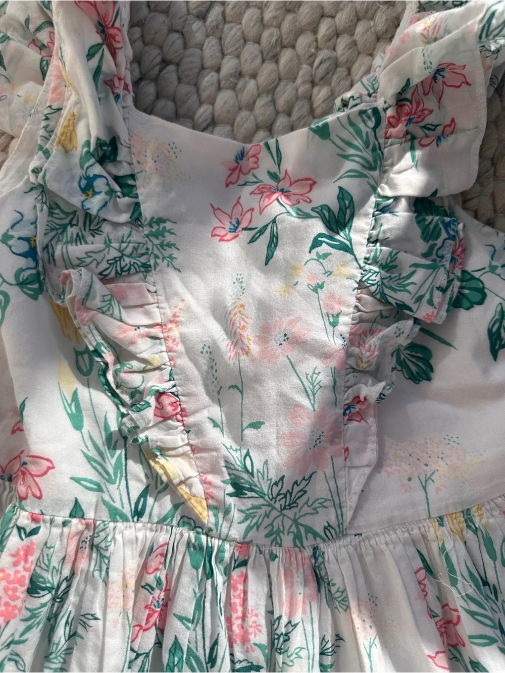 Janie and Jack White Floral Ruffle Sundress with Green, Pink & Yellow Print